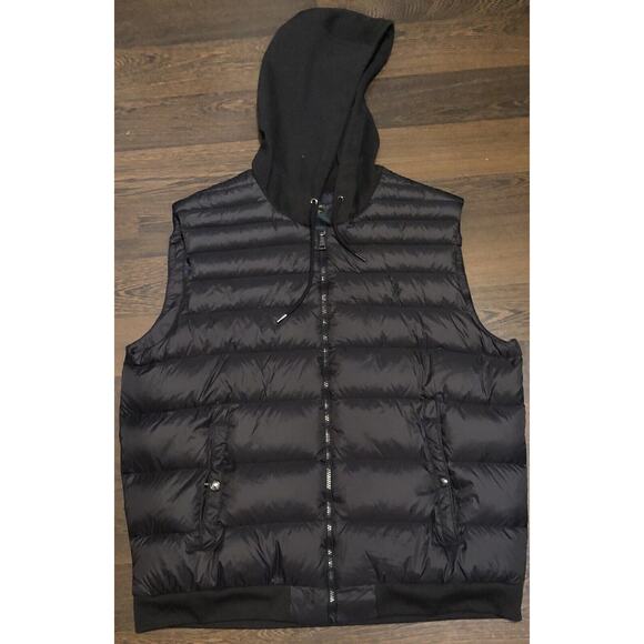 Retro Polo Ralph Lauren Performance Black Quilted Hybrid Down Hooded Vest M Sz L - Picture 1 of 9